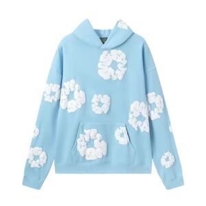 Blue Hoodie with White Cloud Patterns